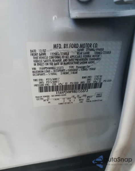 2008 Ford Taurus Sel z USA, uszkodzony, nr VIN 1FAHP24W98G155373